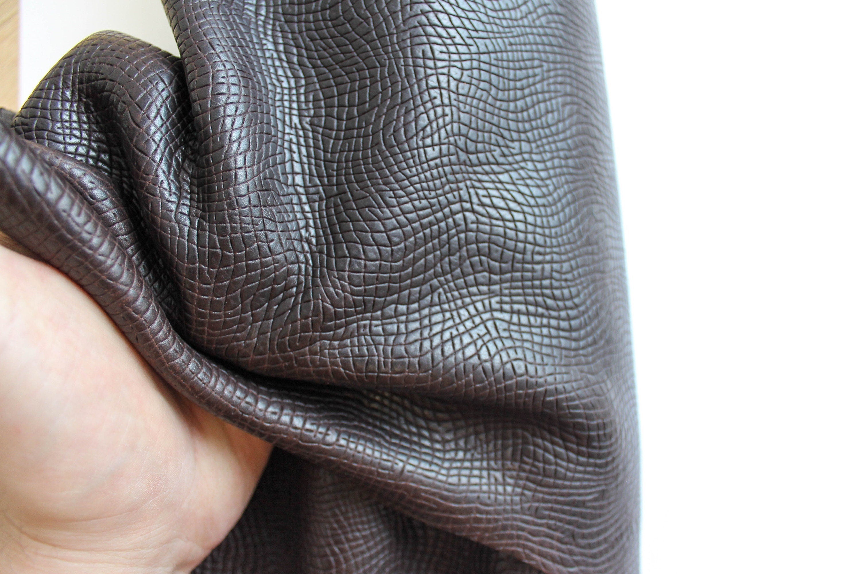 Vegetable tanned embossed cow leather | 1.6 mm | 6 oz | Dark Brown color | oily waxy | real natural hides sides precut sheets panels