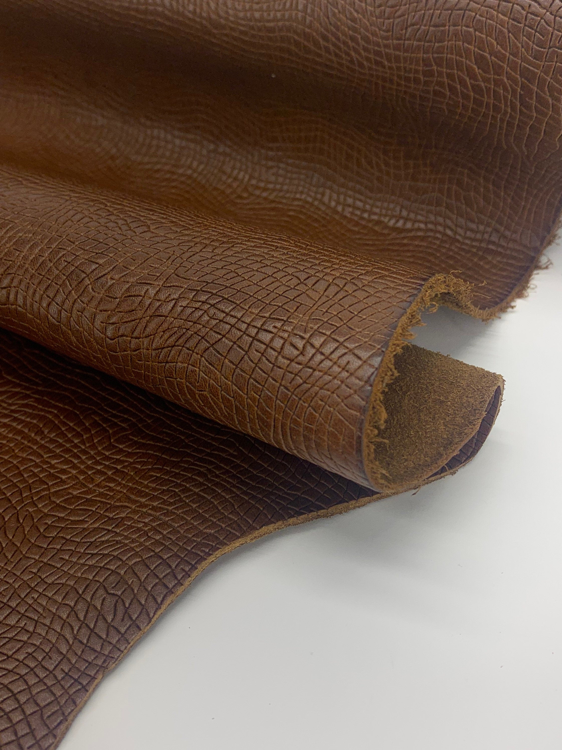 Vegetable tanned embossed cow leather | brown | 1.6 mm | 6 oz | oily waxy | real natural hides sides precut panels sheets