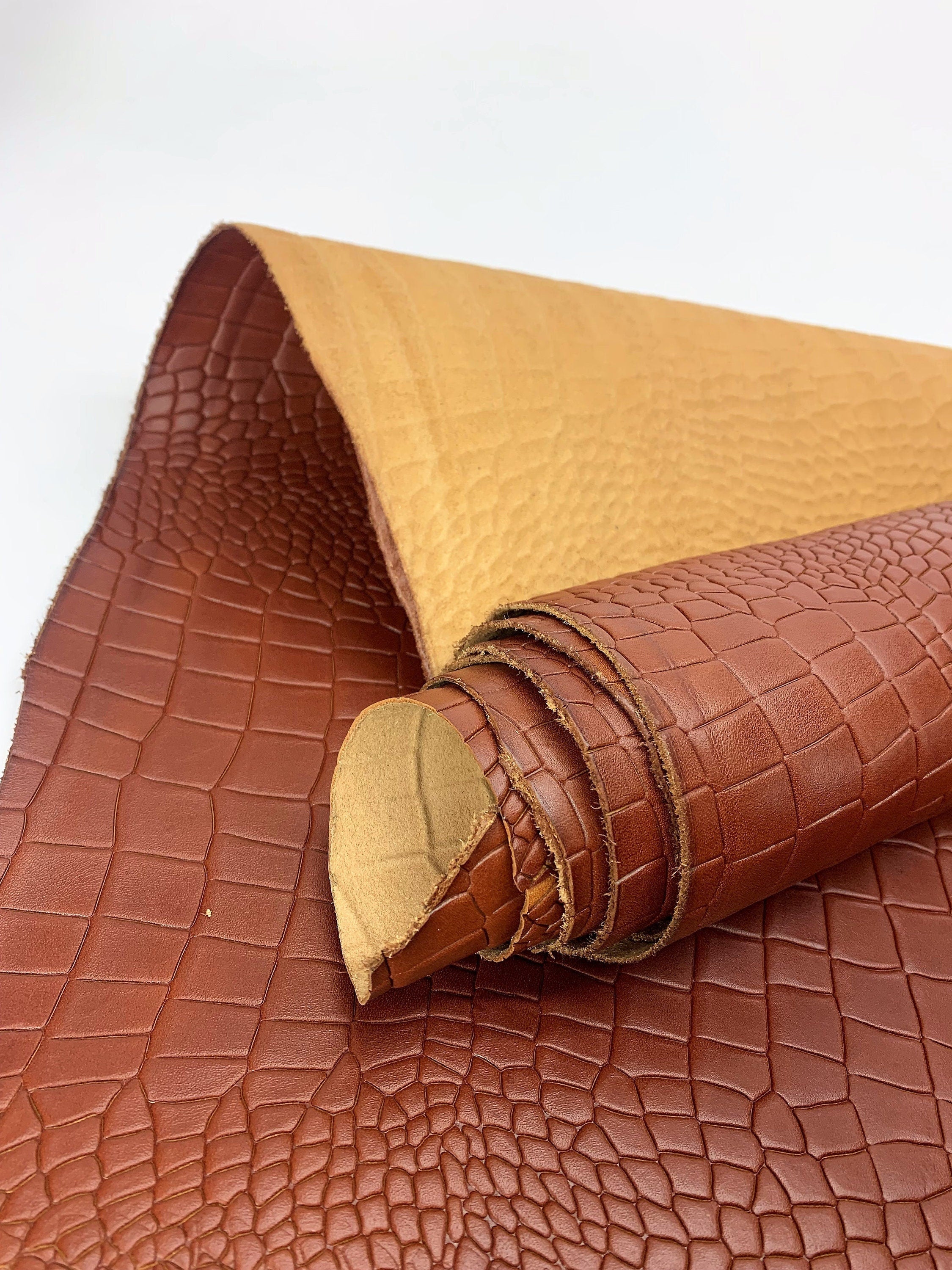 Cow leather with crocodile print Vegetable tanned reptile 100% natural leather  | Cognac color | cow embossed pieces sheets