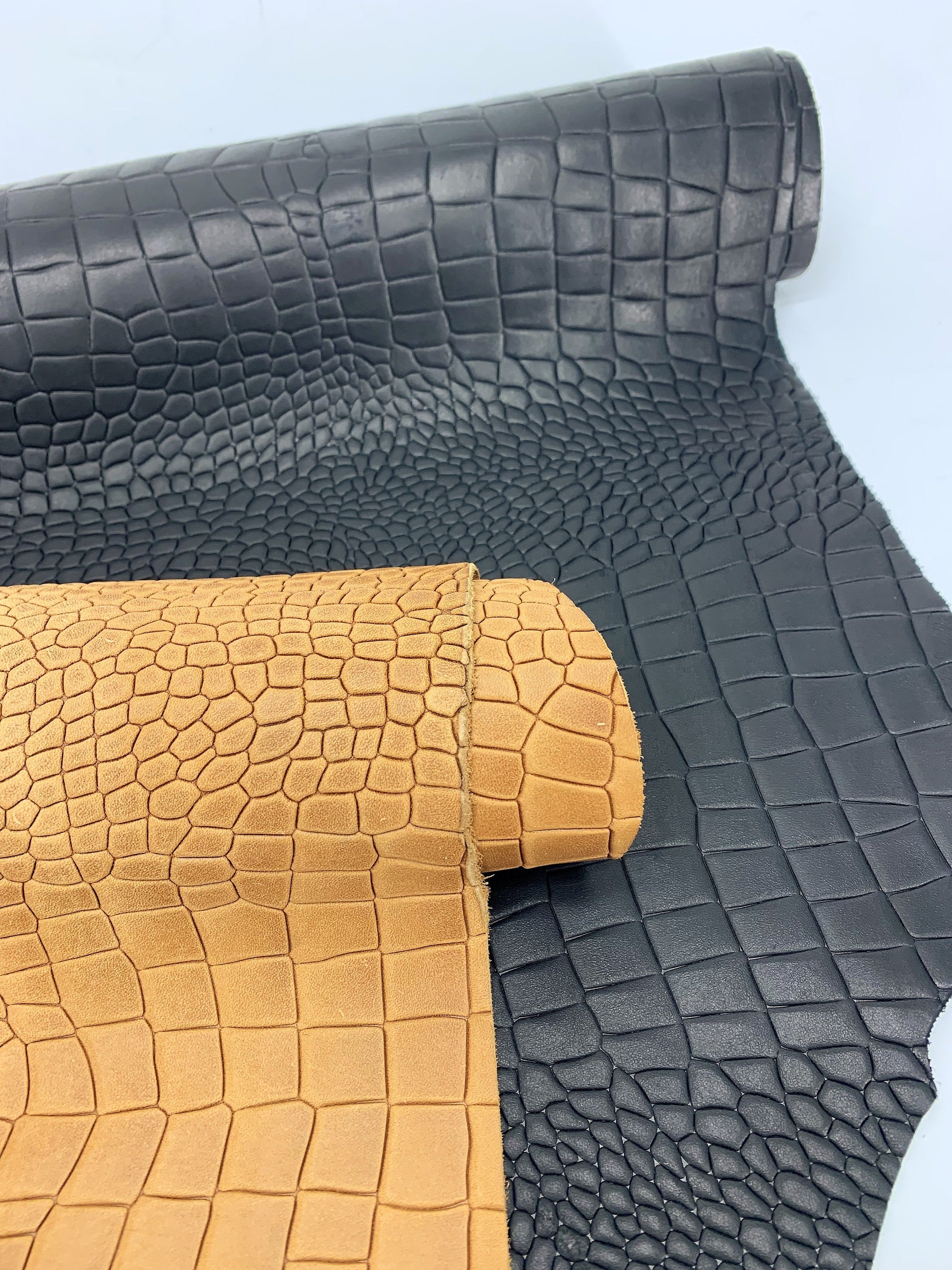 Crocodile Reptile embossed cow leather | Black Brown | 0.8-1.4 mm | 2-3 OZ  | sheets pieces | Full Hides Available