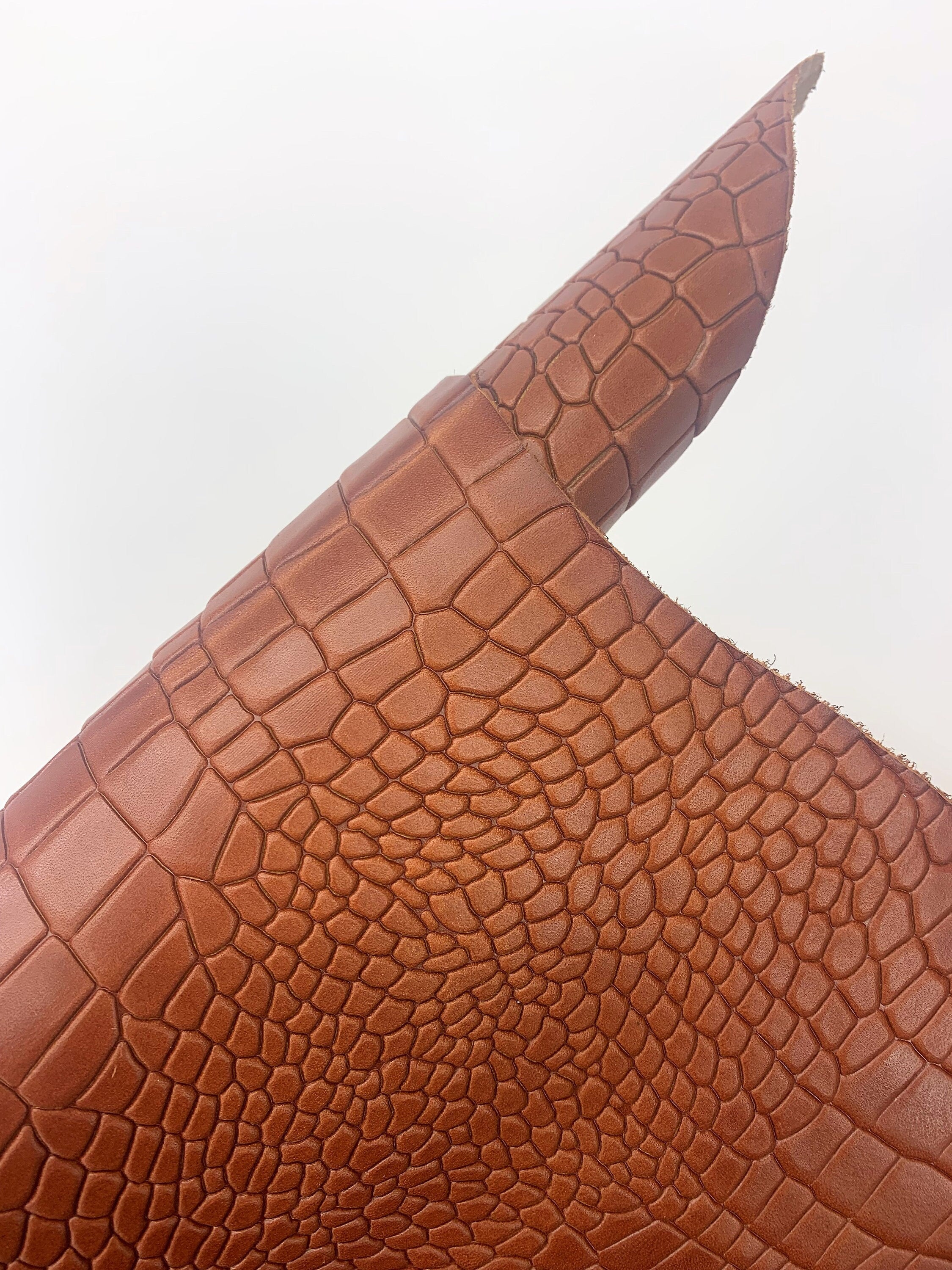 Cow leather with crocodile print Vegetable tanned reptile 100% natural leather  | Cognac color | cow embossed pieces sheets