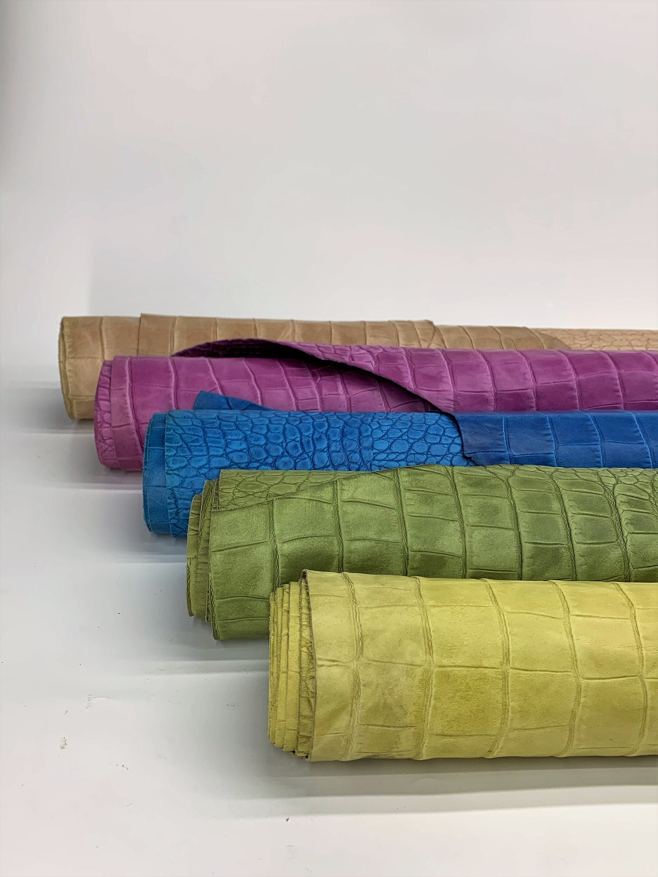 Crocodile Reptile embossed leather | Purple Green Beige Yellow| 0.8-1.0 mm | 2-3 OZ  | sheets pieces | Full Hides Available