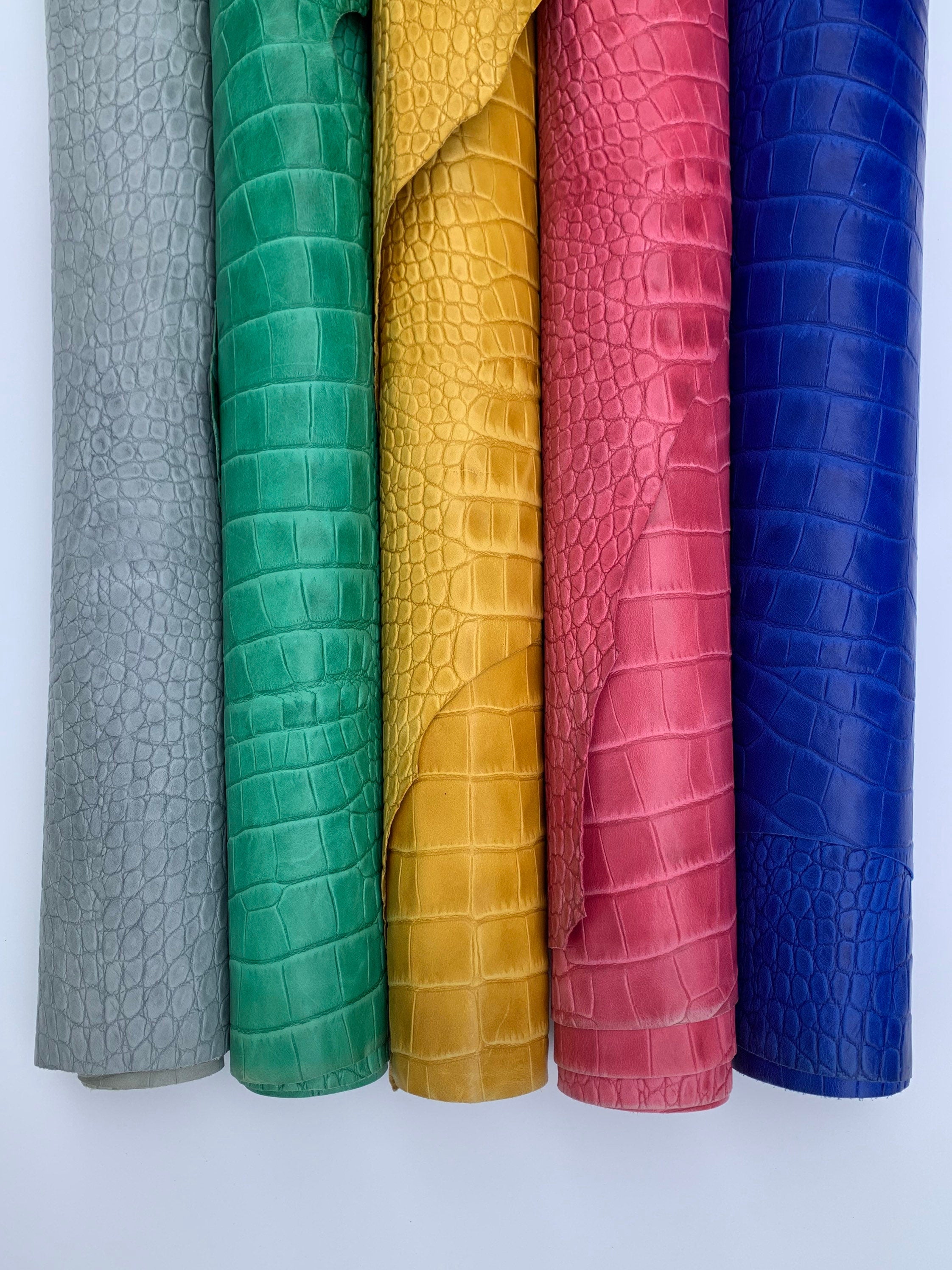 Crocodile Reptile embossed leather | gray green red yellow blue | 0.8-1.0 mm | 2-3 OZ  | sheets pieces | Full Hides Available