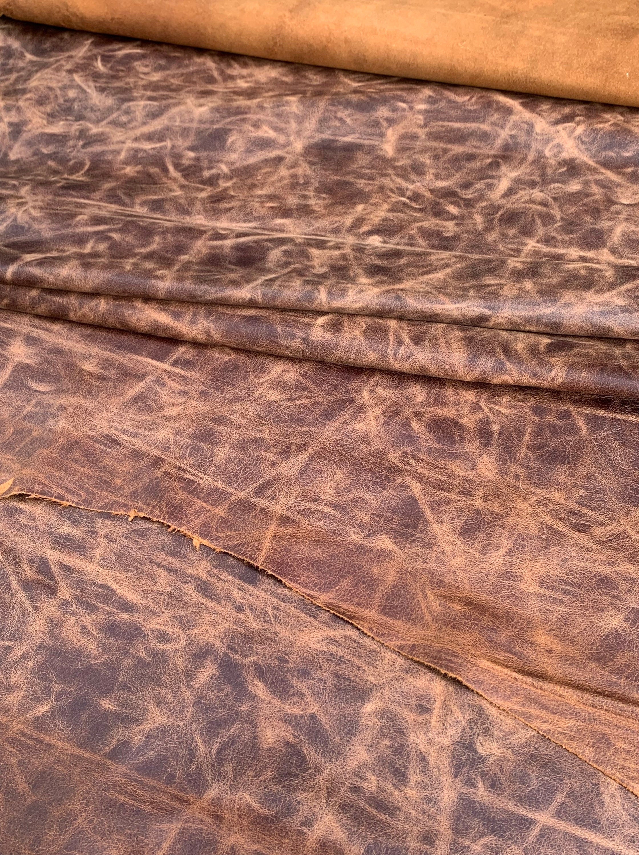 Distressed Soft Rustic Italian Vegetable tanned leather 0.8 mm 2 oz Brown | English | hides sheets panels for upholstery, bags, clothing