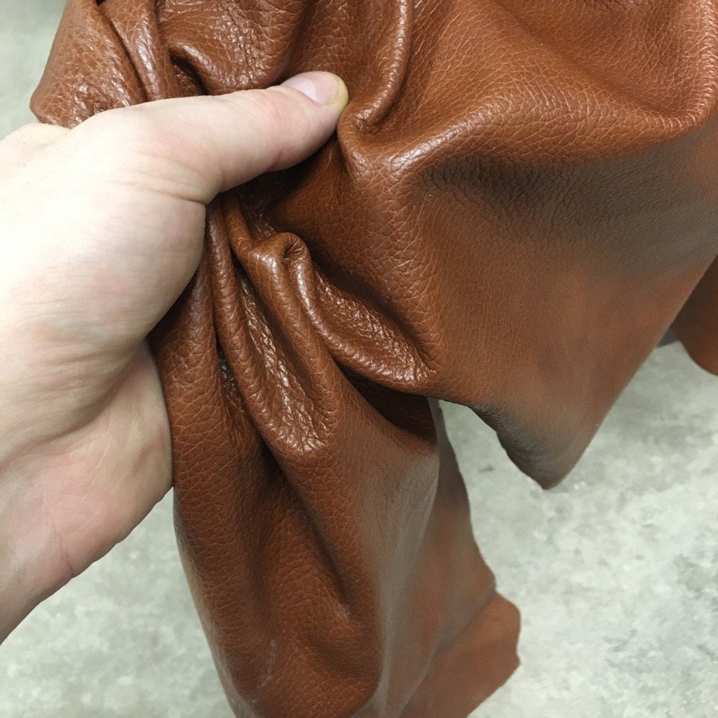 Brown Leather | cognac Dark tan pebbled natural leather 1.1 mm | 2-3 0z hide skin real cow skin floater soft for bags crafts upholstery