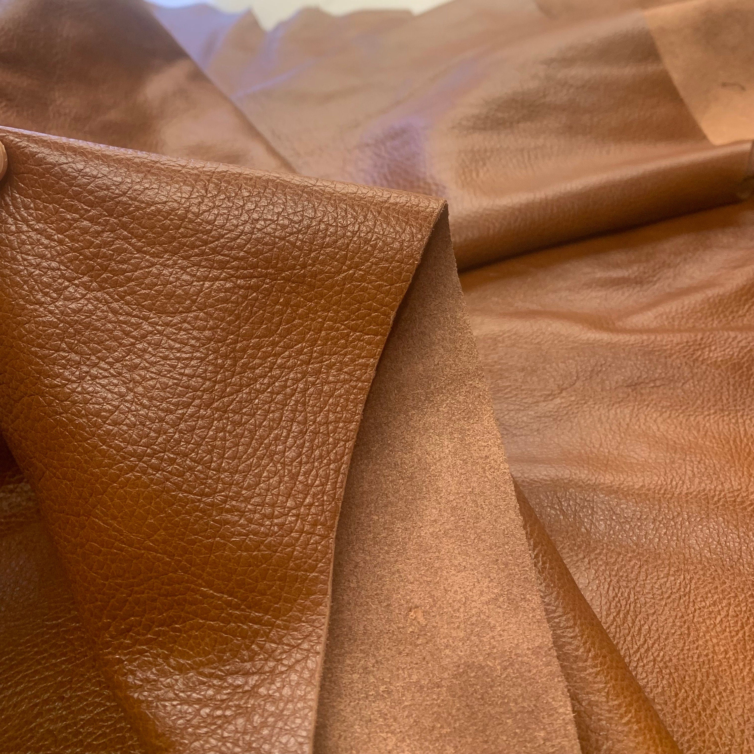 Brown Leather | cognac Dark tan pebbled natural leather 1.1 mm | 2-3 0z hide skin real cow skin floater soft for bags crafts upholstery