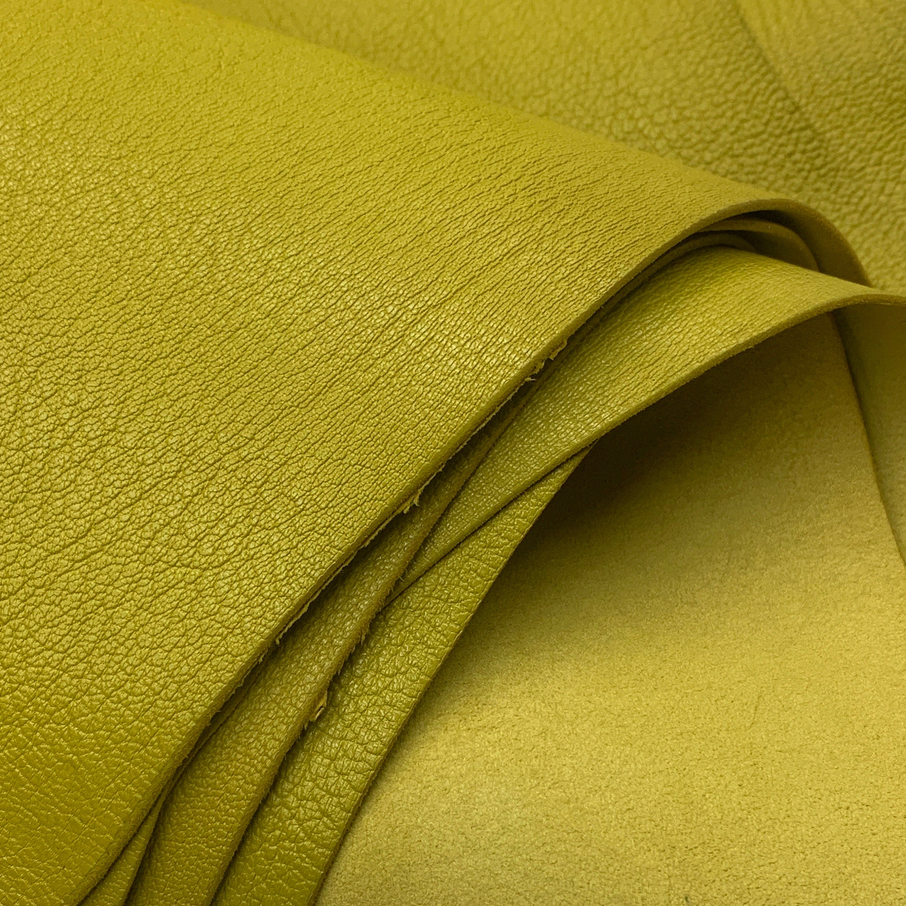 Yellow lime green leather textured goat hide | 1.5 mm 3-4oz | soft, shiny, glossy | for bags, wallets, crafts