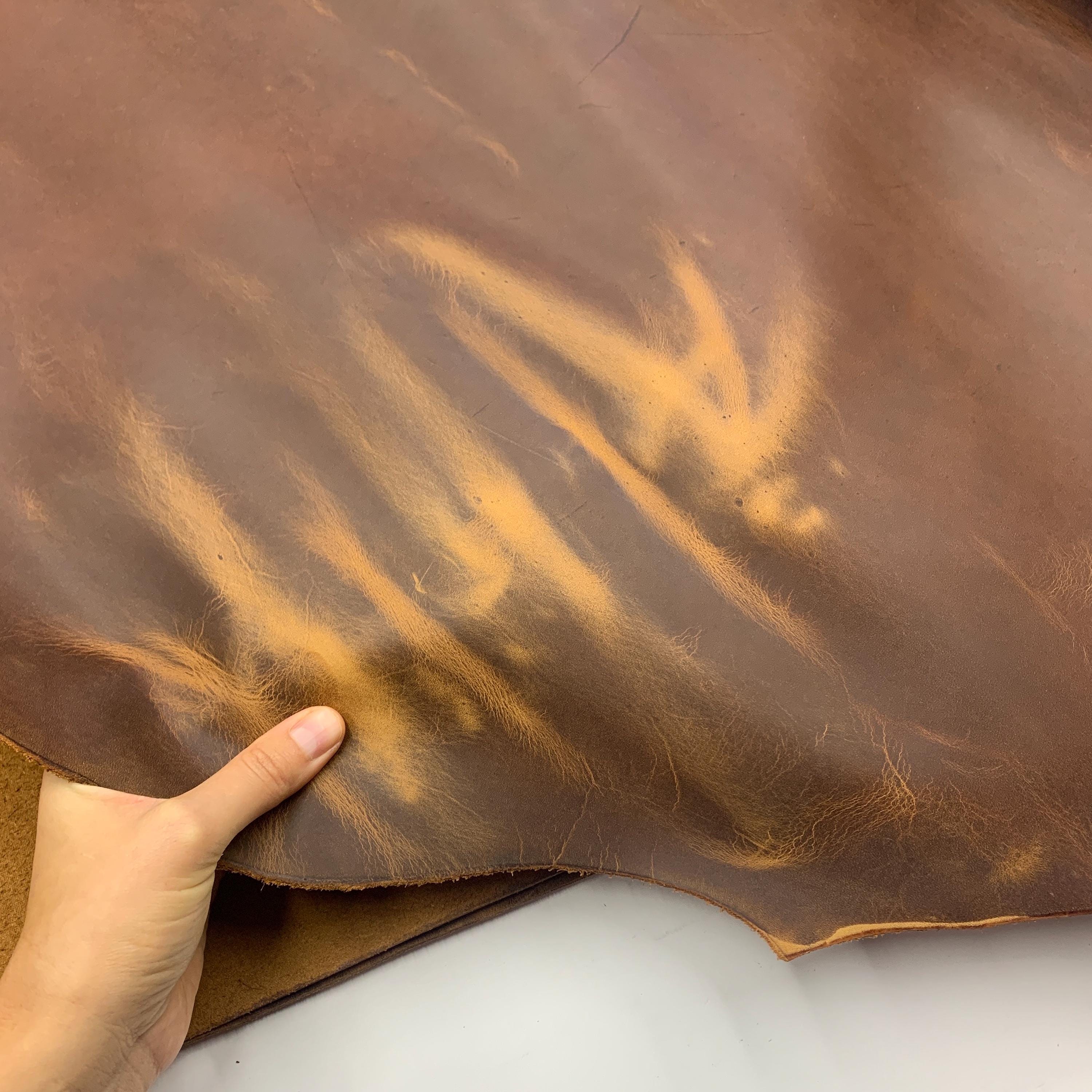 Brown leather light pull up real 1.6mm 4oz thick crazy horse waxy oily finishing distressed for bags shoes leathercraft