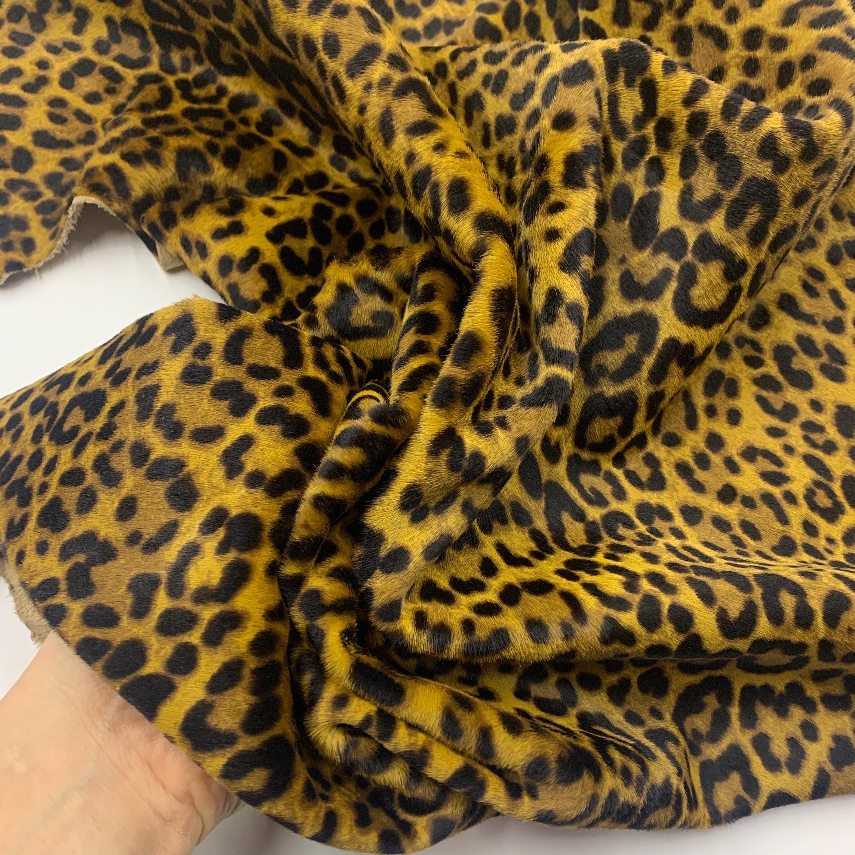 Furry leopard leather | brown black yellow | 1 mm 2-3 oz | pony, hairy for purses, clothing