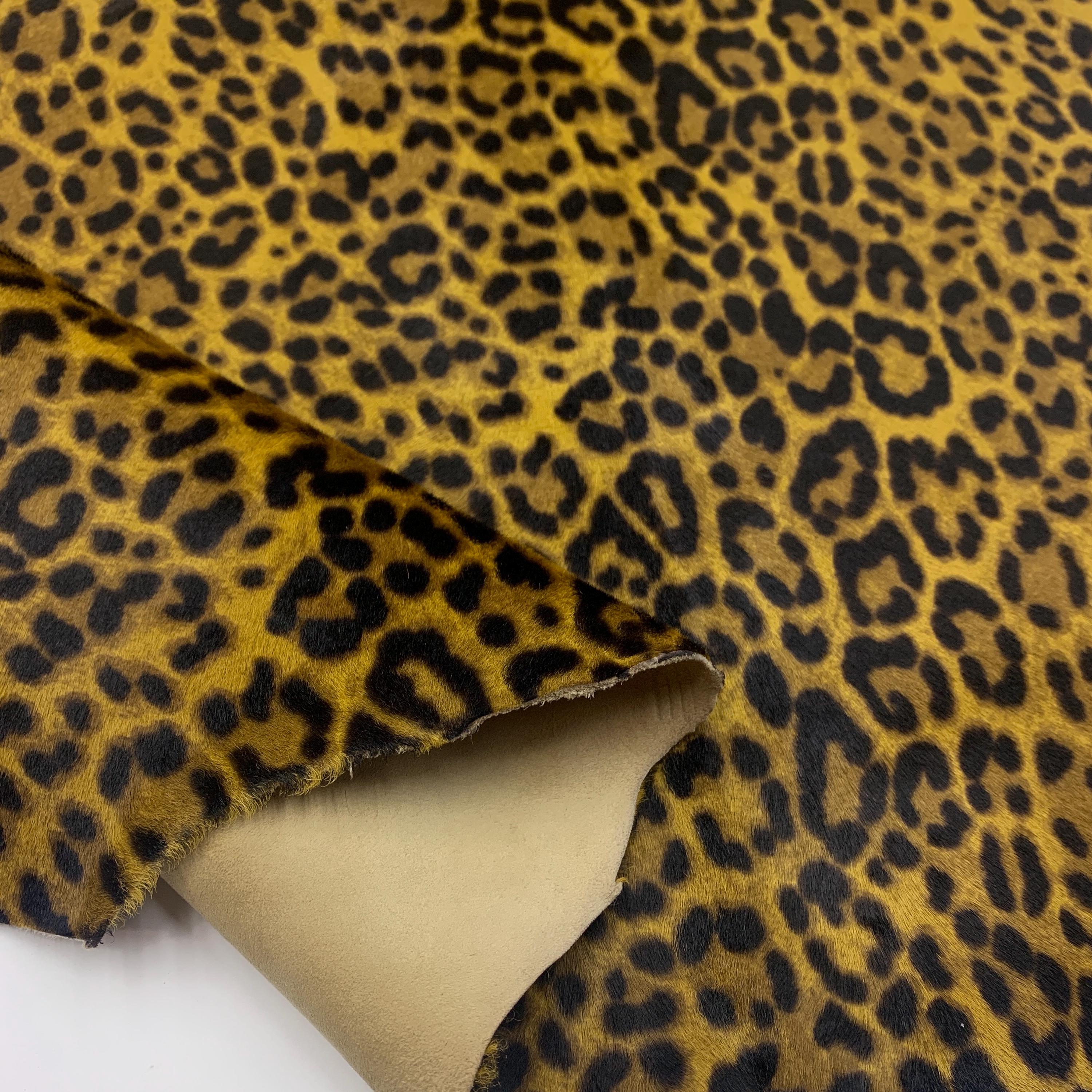 Furry leopard leather | brown black yellow | 1 mm 2-3 oz | pony, hairy for purses, clothing