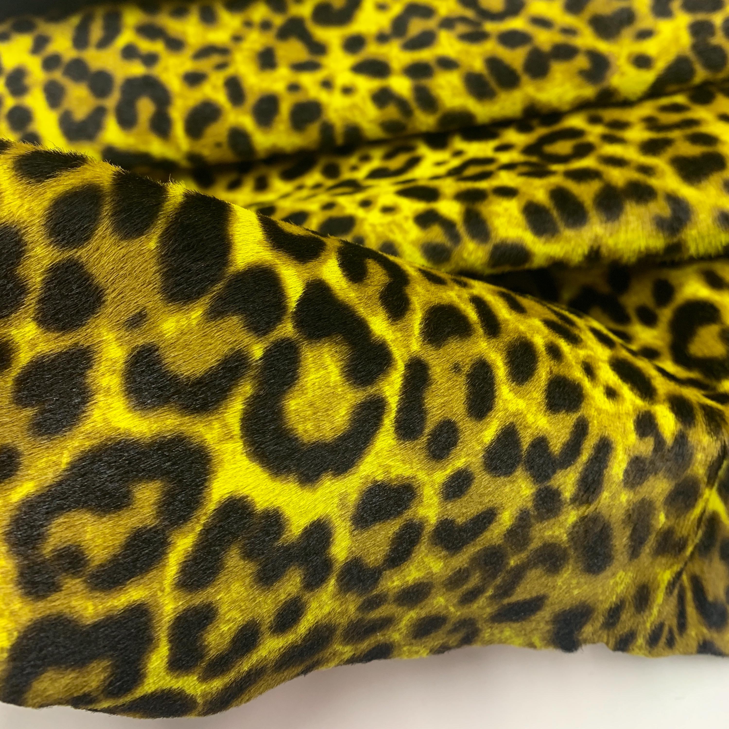 Furry leopard leather | brown black neon yellow | 1 mm 2-3 oz | pony, hairy for purses, clothing