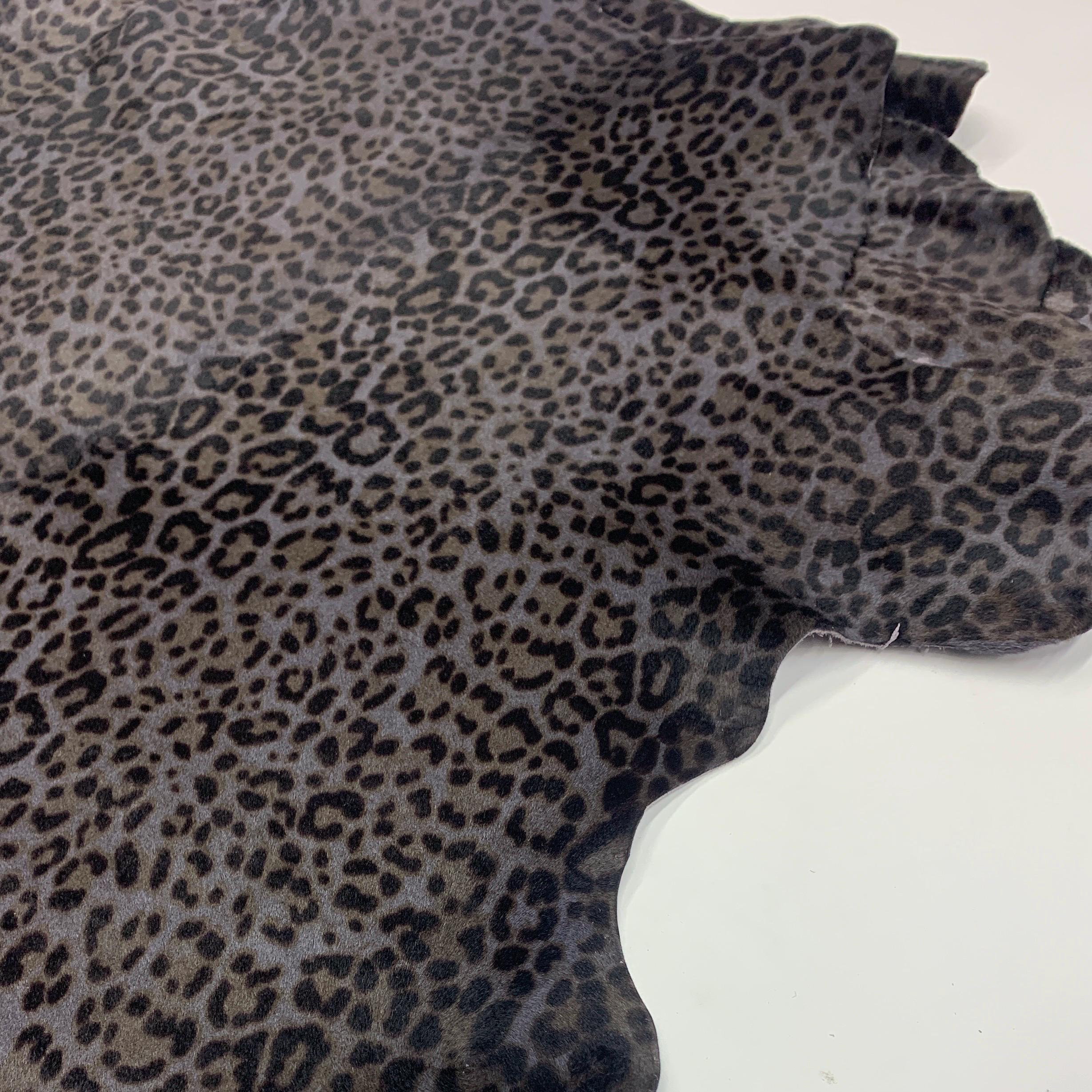 Furry leopard leather | dark purple black | 1.2 mm - 3 oz | pony, hairy for purses, clothing | Animal print gepard