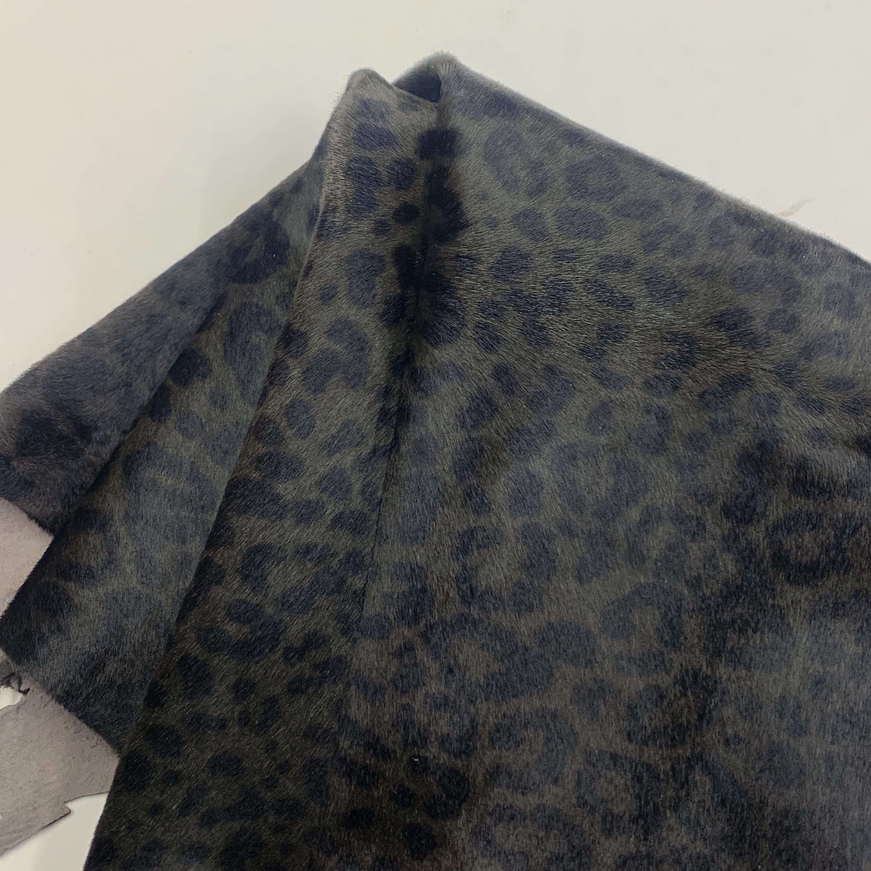 Furry leopard leather | dark khaki black | 1 mm - 2-3 oz | pony, hairy for purses, clothing | Animal print gepard