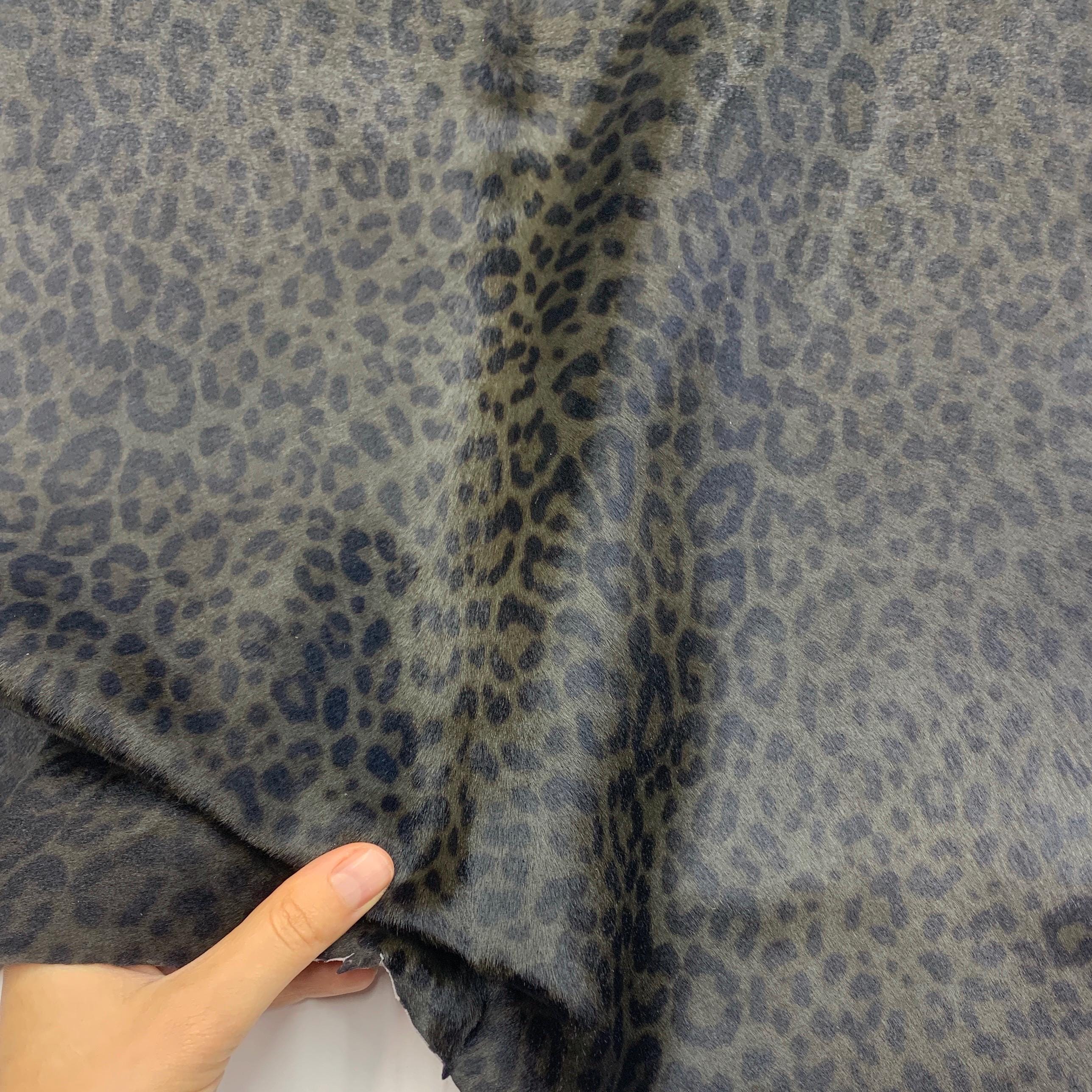 Furry leopard leather | dark khaki black | 1 mm - 2-3 oz | pony, hairy for purses, clothing | Animal print gepard